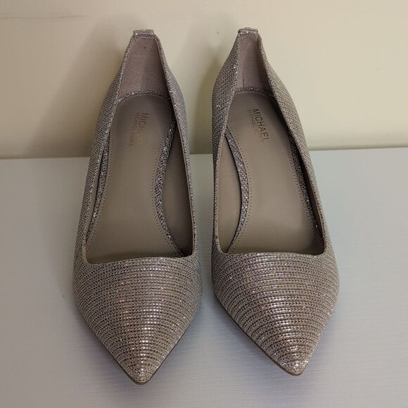 Michael Kors 7.5 Alina Flex Pump Pale Gold Glitter Chain Mesh Heels, NEW - Picture 4 of 11
